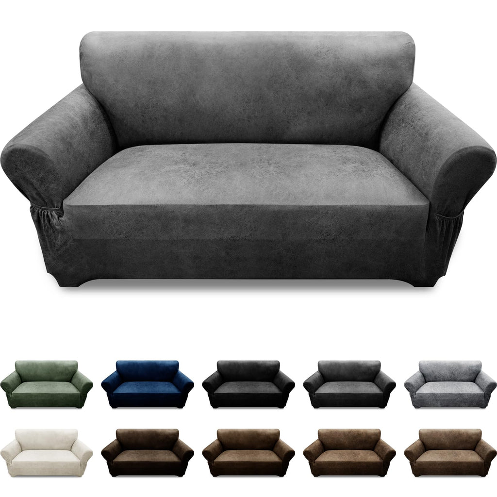3-Pieces T Cushion Loveseat Slipcovers Leather Look Couch Cover Loveseat Covers for 2 Cushion Couch Furniture Protector Stretch Sofa Cover with 2 Individual T Cushion Seat Covers, Brown