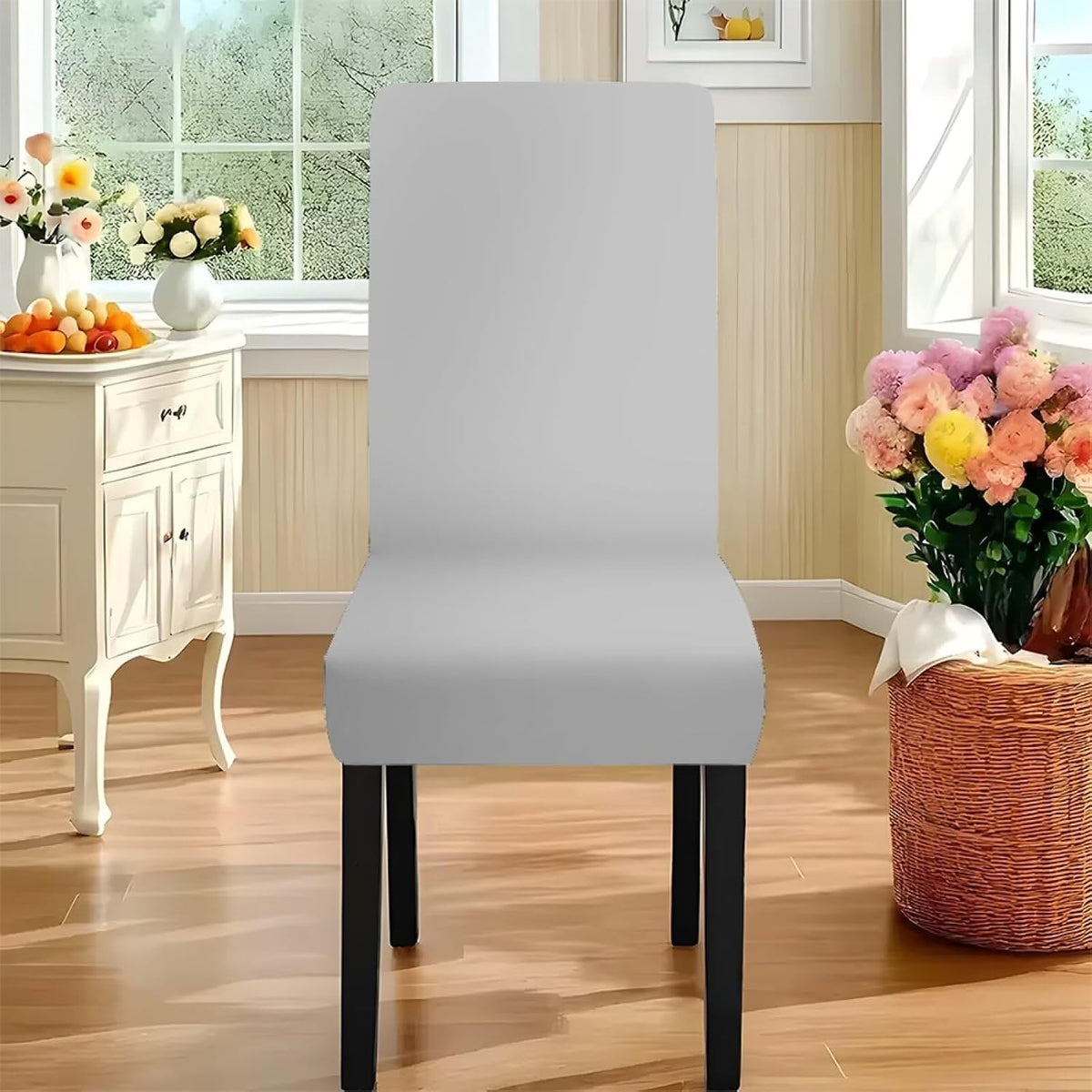 Light Grey 7 Pcs Tablecloth and Chair Covers Set Removable Chair Covers Set of 6 with Table Cover for Dining Room Washable Furniture Protector for Family Gathering Potluck