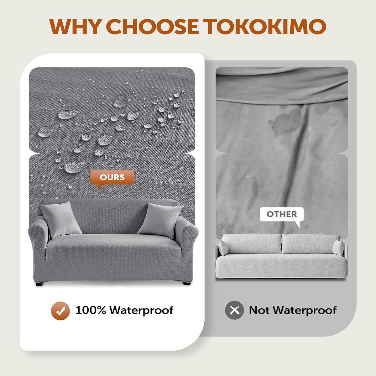Tokokimo 100% Waterproof Loveseat Couch Cover, Leakproof Furniture Protector for Kids, Pets (Loveseat, Gray) with Extra Fabric Margin, Slipcover Need Tuck Into Couch Crevices
