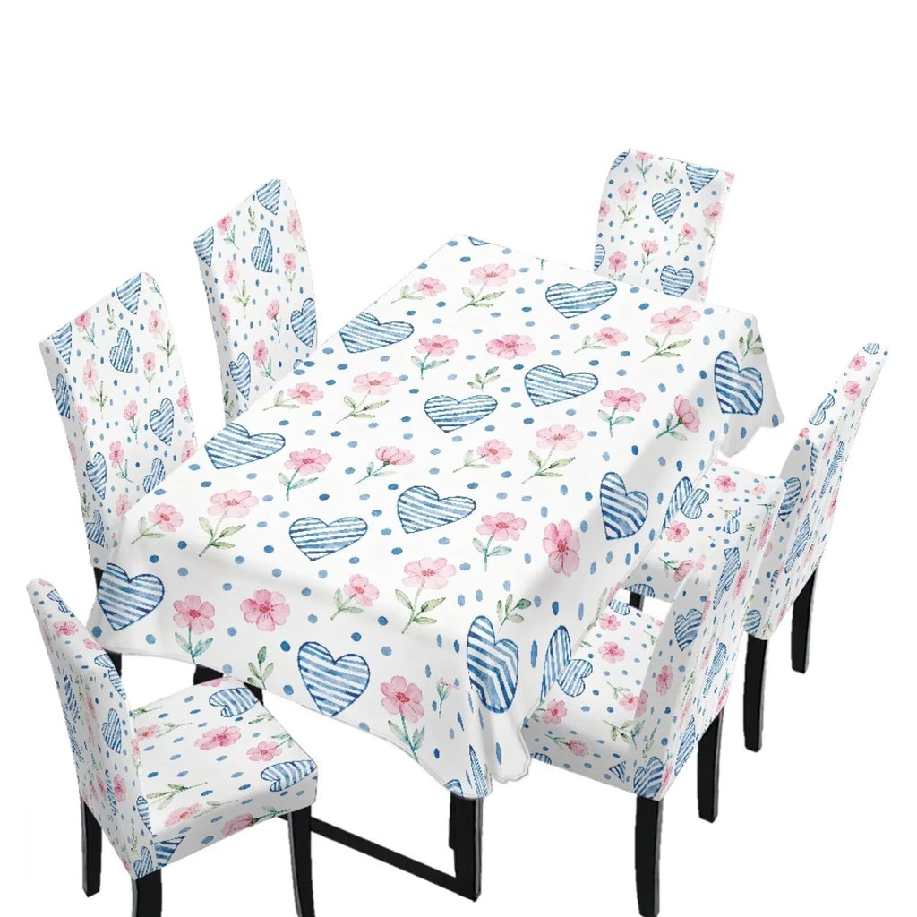 Dining Room Chair Cover and Tablecloths 7 Pack, Stain Resistant Stretch Kitchen Chair Seat Slipcovers Anti-Wrinkle Table Protector for Party, Pastoral Rose Flower Stripes Print Green