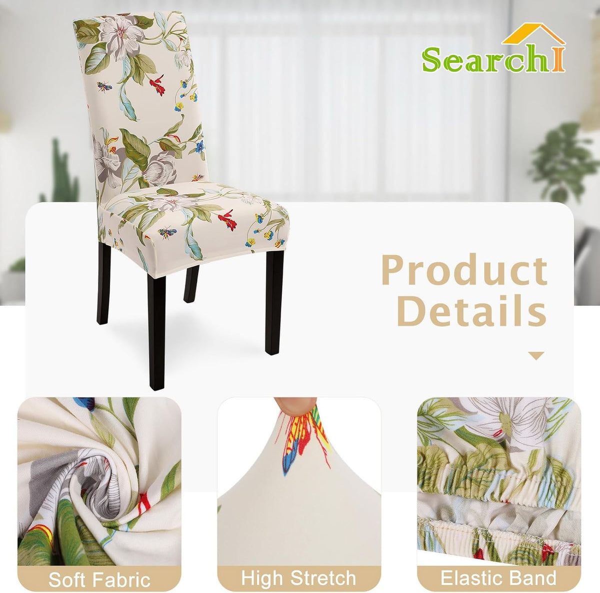 SearchI Chair Covers Slipcovers Set of 4, Spandex Super Fit Stretch Removable Washable Kitchen Parsons Protector for Dining Room,Hotel,Ceremony,Beige+Flowers