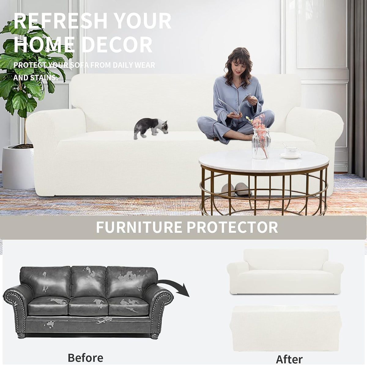 Easy-Going Stretch Loveseat Couch Covers Washable Cream