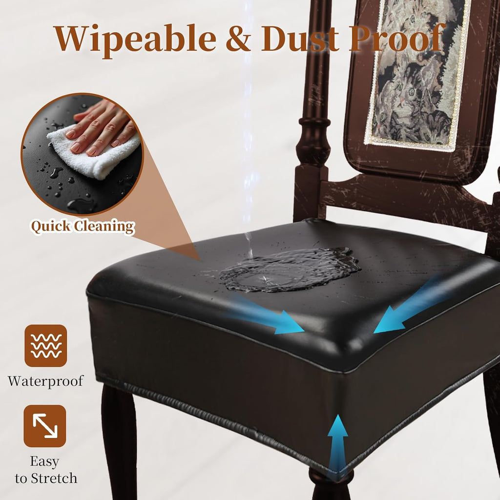 Waterproof Dining Chair Seat Covers Leather Kitchen Seat Covers, Stain Resistant Stretch Chair Seat Covers for Dining Room Chairs Set of 4, Rear Covered Washable Dining Chair Covers Black