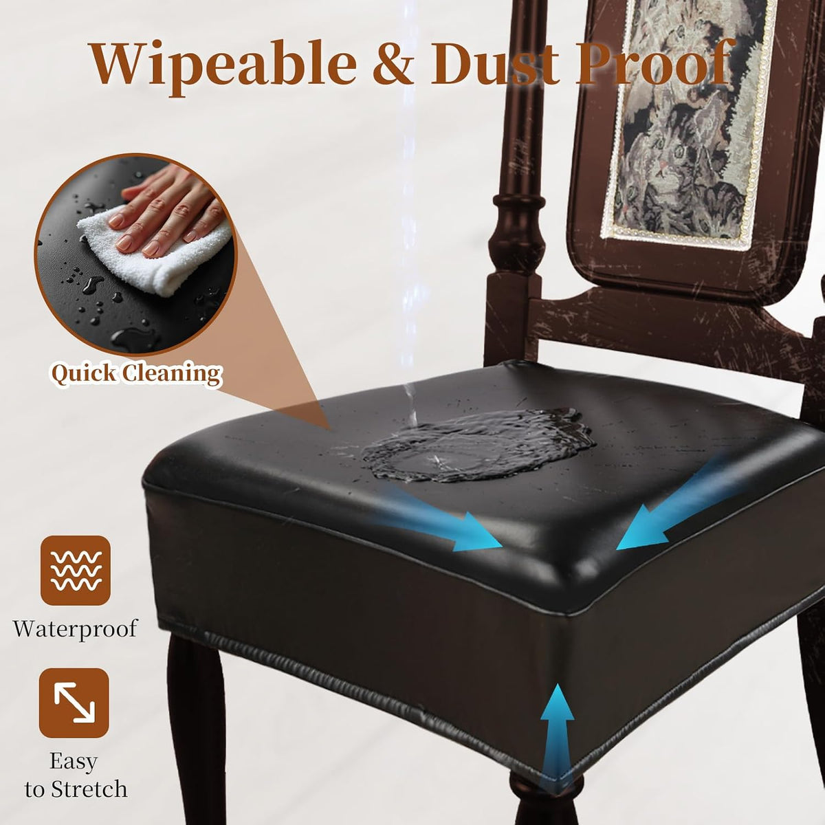 Waterproof Dining Chair Seat Covers Leather Kitchen Seat Covers, Stain Resistant Stretch Chair Seat Covers for Dining Room Chairs Set of 4, Rear Covered Washable Dining Chair Covers Black