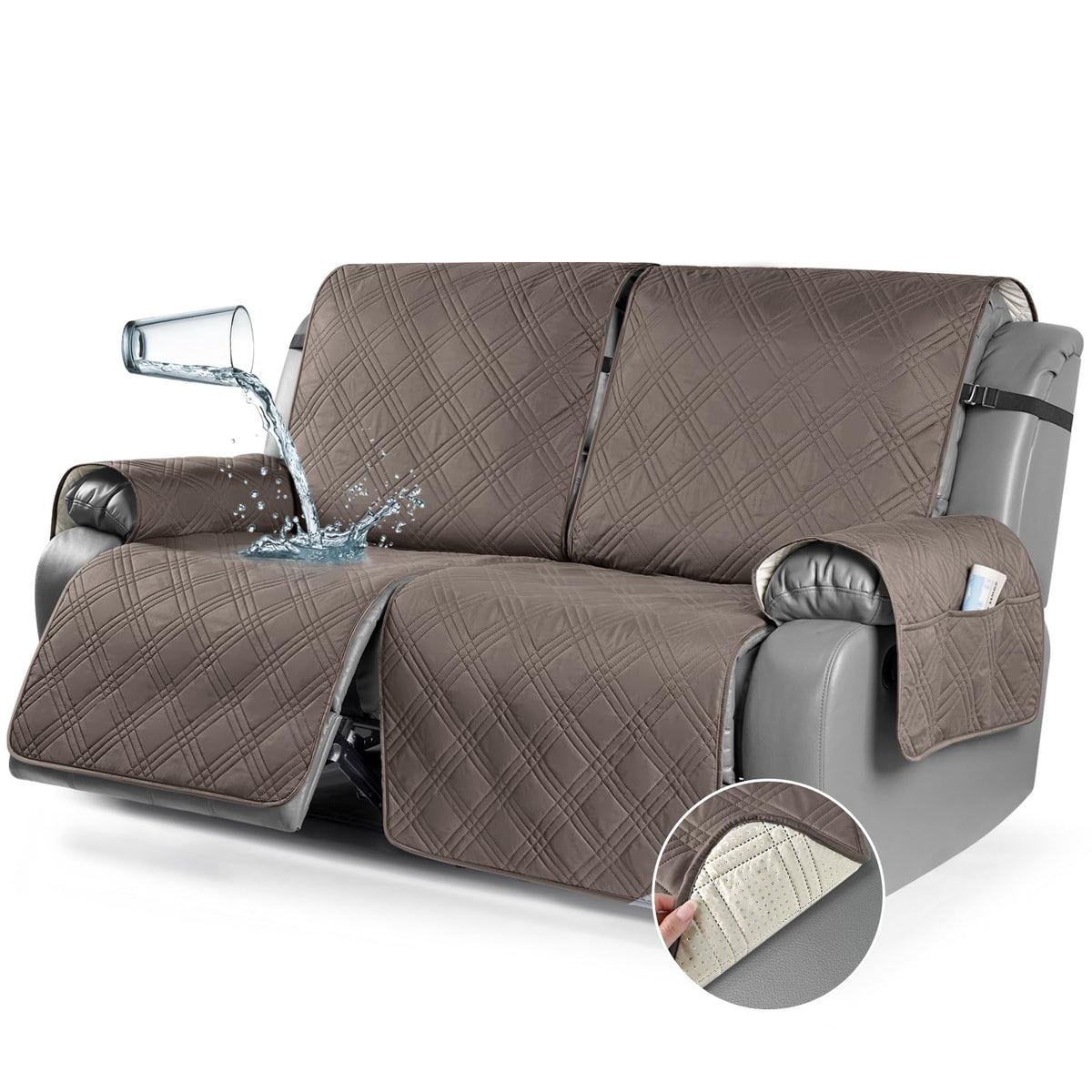 TAOCOCO 100% Waterproof Oversized Loveseat Recliner Cover, Non Slip Split Couch Covers for Reclining Loveseat with Elastic Straps for Kids Pets(Oversized 2 Seater, Chocolate)