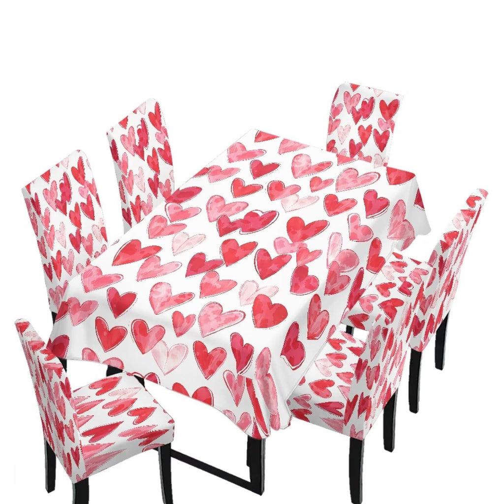 Dining Room Chair Cover and Tablecloths 7 Pack, Stain Resistant Stretch Kitchen Chair Seat Slipcovers Anti-Wrinkle Table Protector for Party, Pastoral Rose Flower Stripes Print Green