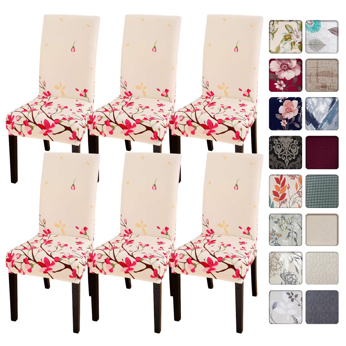 SearchI Chair Covers Slipcovers Set of 4, Spandex Super Fit Stretch Removable Washable Kitchen Parsons Protector for Dining Room,Hotel,Ceremony,Beige+Flowers