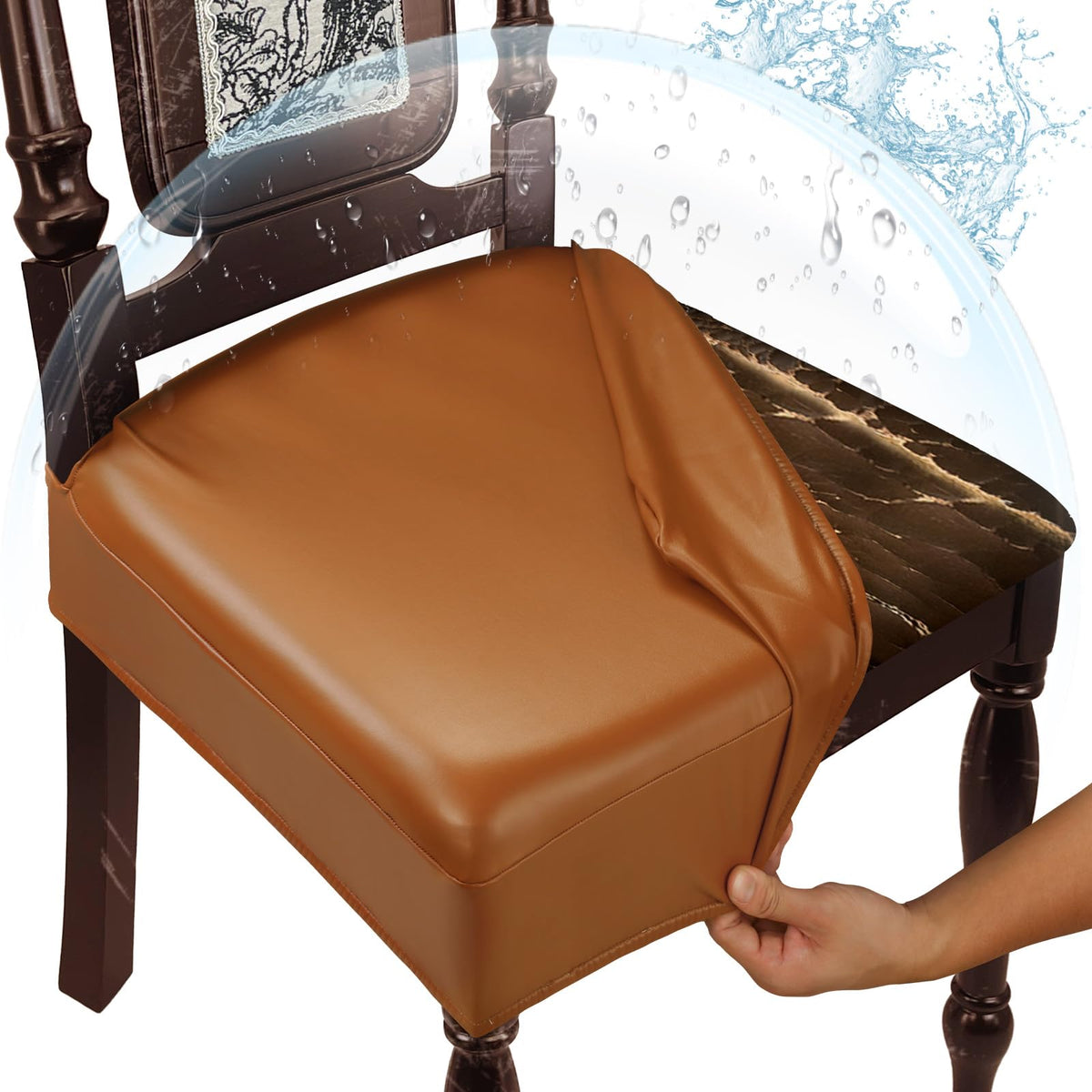 Waterproof Dining Chair Seat Covers Leather Kitchen Seat Covers, Stain Resistant Stretch Chair Seat Covers for Dining Room Chairs Set of 4, Rear Covered Washable Dining Chair Covers Black