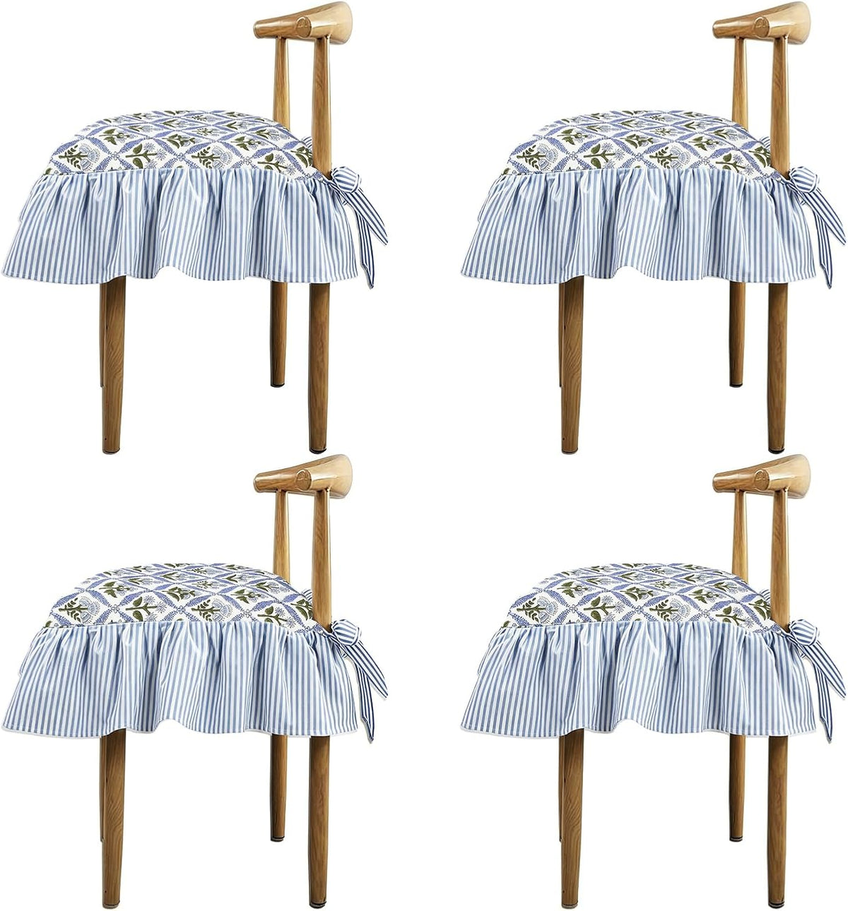 4 Pack Blue Ruffled Chair Cushion Covers 17.5x17.5 in Square