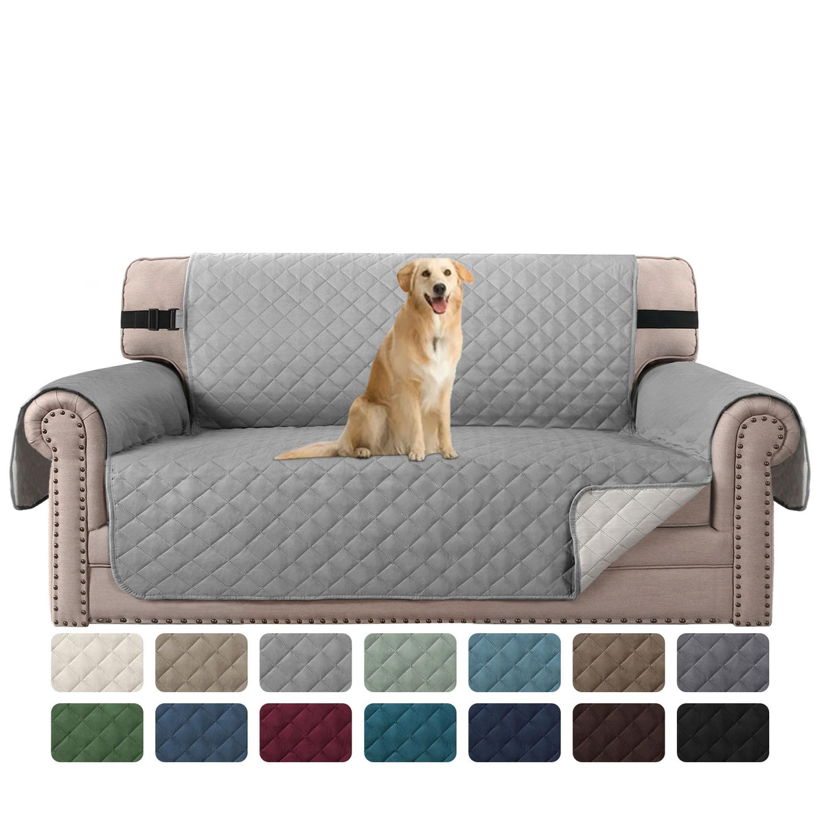 H.VERSAILTEX Reversible Couch Cover for 2 Cushion Couch Water Resistant Loveseat Washable Furniture Cover with Non-Slip Elastic Strap for Dogs, Pets, Kids(Oversized Loveseat, Charcoal Grey)