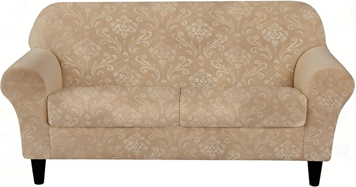 3 Pieces Sofa Covers for 2 Cushion Couch Velvet Embossing Camel Stretch Loveseat Couch Slipcovers with 2 Cushions Washable