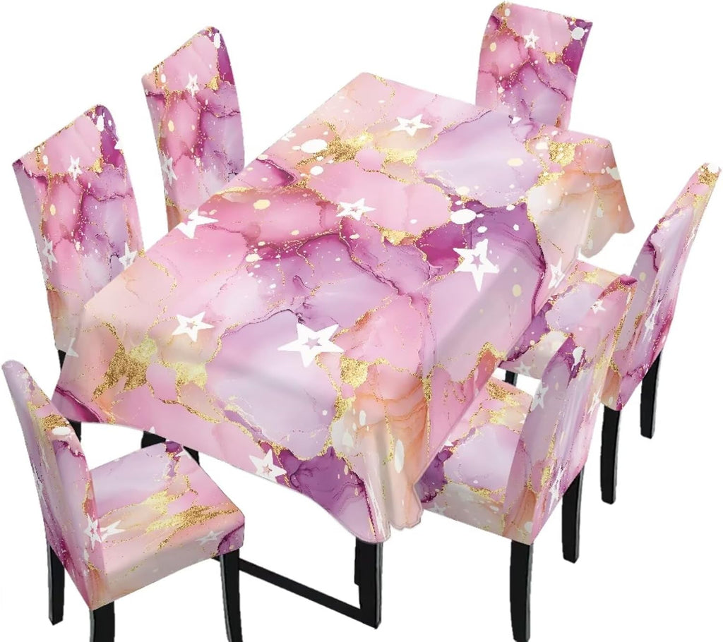 Table Cloth Rectangle Table Set of 7 Include Kitchen Chair Covers and Tablecloths for Dining Room Hotel Banquet, Anti-Scratch Chair Seat Protector Cover, Daisy Hippie Flower Print