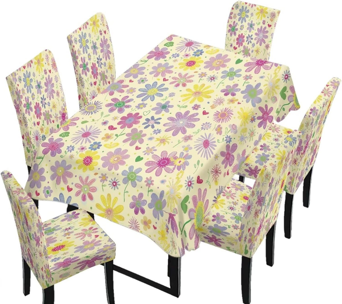 Table Cloth Rectangle Table Set of 7 Include Kitchen Chair Covers and Tablecloths for Dining Room Hotel Banquet, Anti-Scratch Chair Seat Protector Cover, Daisy Hippie Flower Print