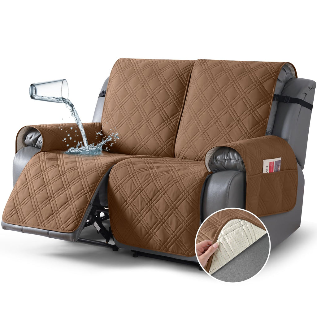 TAOCOCO 100% Waterproof Oversized Loveseat Recliner Cover, Non Slip Split Couch Covers for Reclining Loveseat with Elastic Straps for Kids Pets(Oversized 2 Seater, Chocolate)