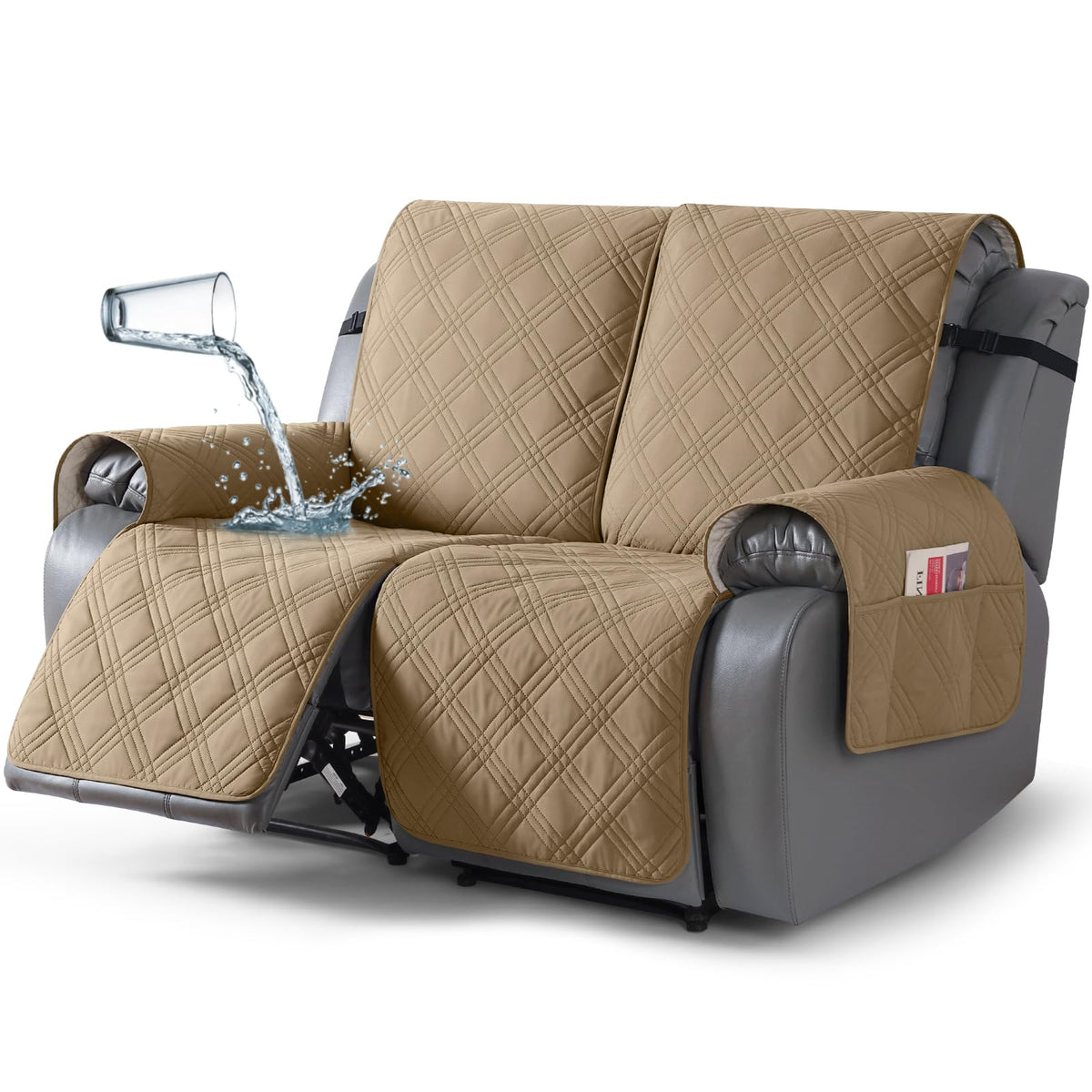 TAOCOCO 100% Waterproof Oversized Loveseat Recliner Cover, Non Slip Split Couch Covers for Reclining Loveseat with Elastic Straps for Kids Pets(Oversized 2 Seater, Chocolate)