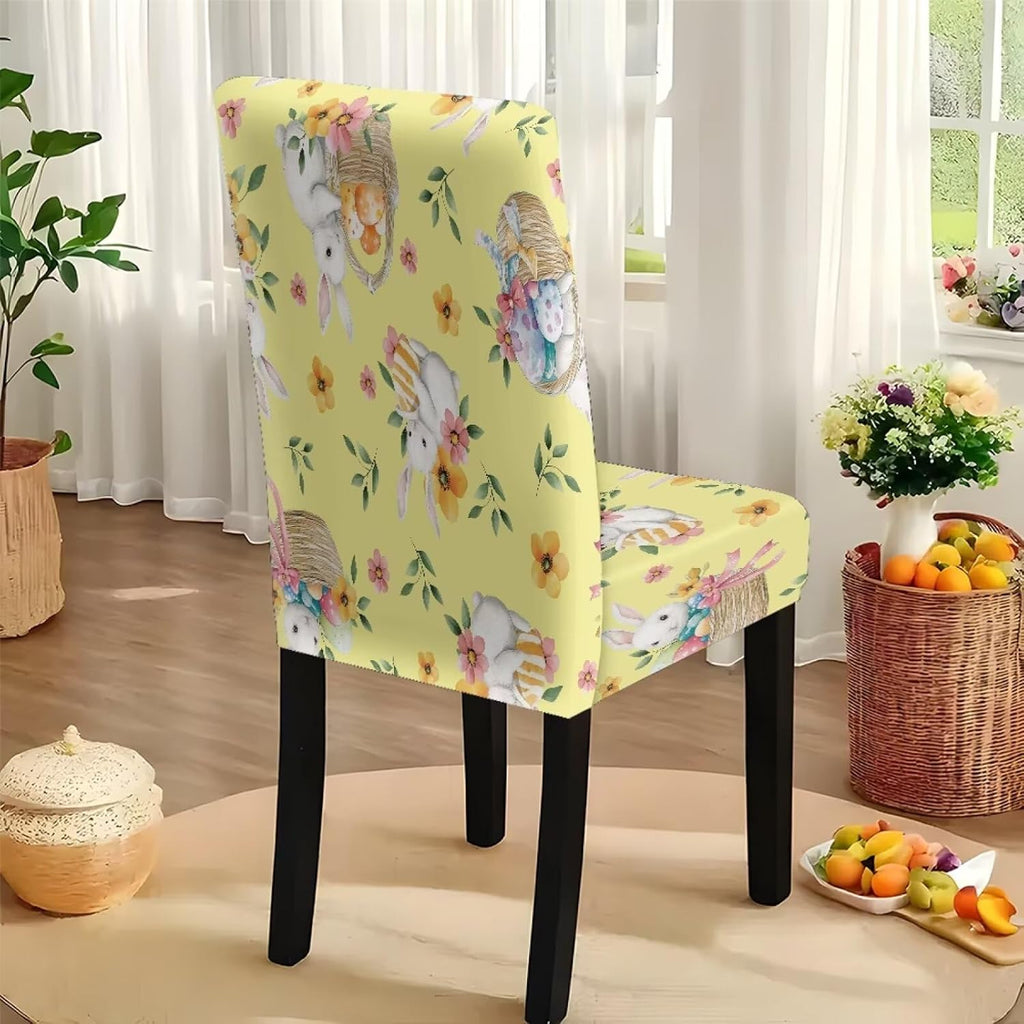 Easter Table Cloth Rectangle Table Set of 7 Include Kitchen Chair Covers and Tablecloths for Dining Room Banquet, Chair Seat Protector Cover, Easter Egg Bunny Floral Print Yellow