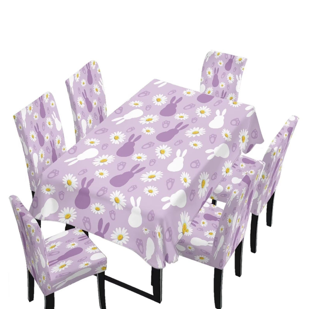 ZDCUSTOM Easter Table and Chair Covers for Parties Purple Bunny Dining Chairs Cover Daisy Tablecloths Rectangular for Easter Party