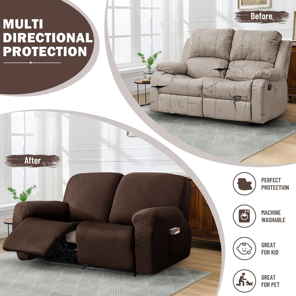 vctops Diamond Recliner Loveseat Slipcover 6-Pieces Stretch Dual Recliner Sofa Covers for 2 Seat Dual Reclining Loveseat Couch Soft Solid Furniture Protector (Dark Coffee,2 Seat)