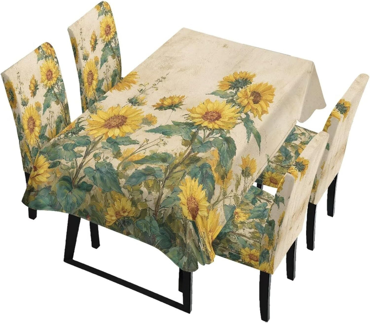 ZDCUSTOM Vintage Table Cloth and Chair Cover Set of 4 Sunflower Tablecloths Rectangular Elegant Chair Covers for Dining Chairs Stain Resistant Decoration