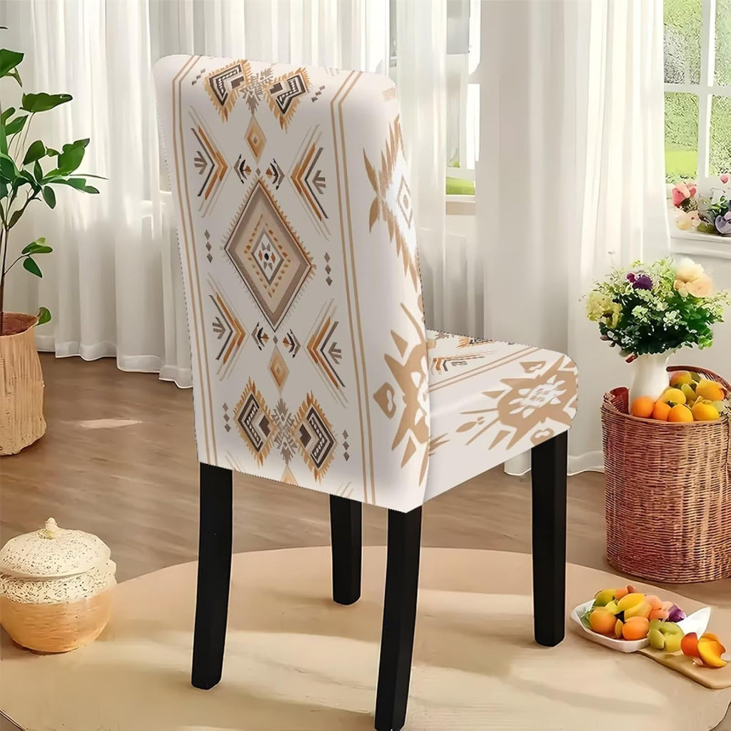 5 Pack Dining Table Cloth Rectangle 4 Seater Includes Kitchen Chair Covers, Stretch Seat Covers for Dining Chairs Anti-dust Washable Table Protector, Tribe Aztec Geometry Print