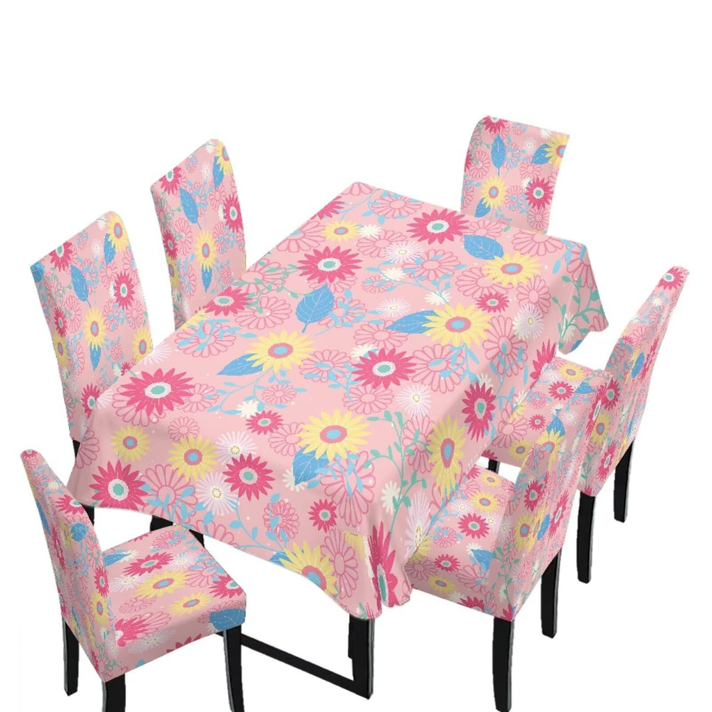 Blue Floral Rectangular Table Cloth & Dining Chair Covers Set of 5, Stain Resistant Wipeable Chair Protectors for Farmhouse Rustic Home Kitchen Party Decor
