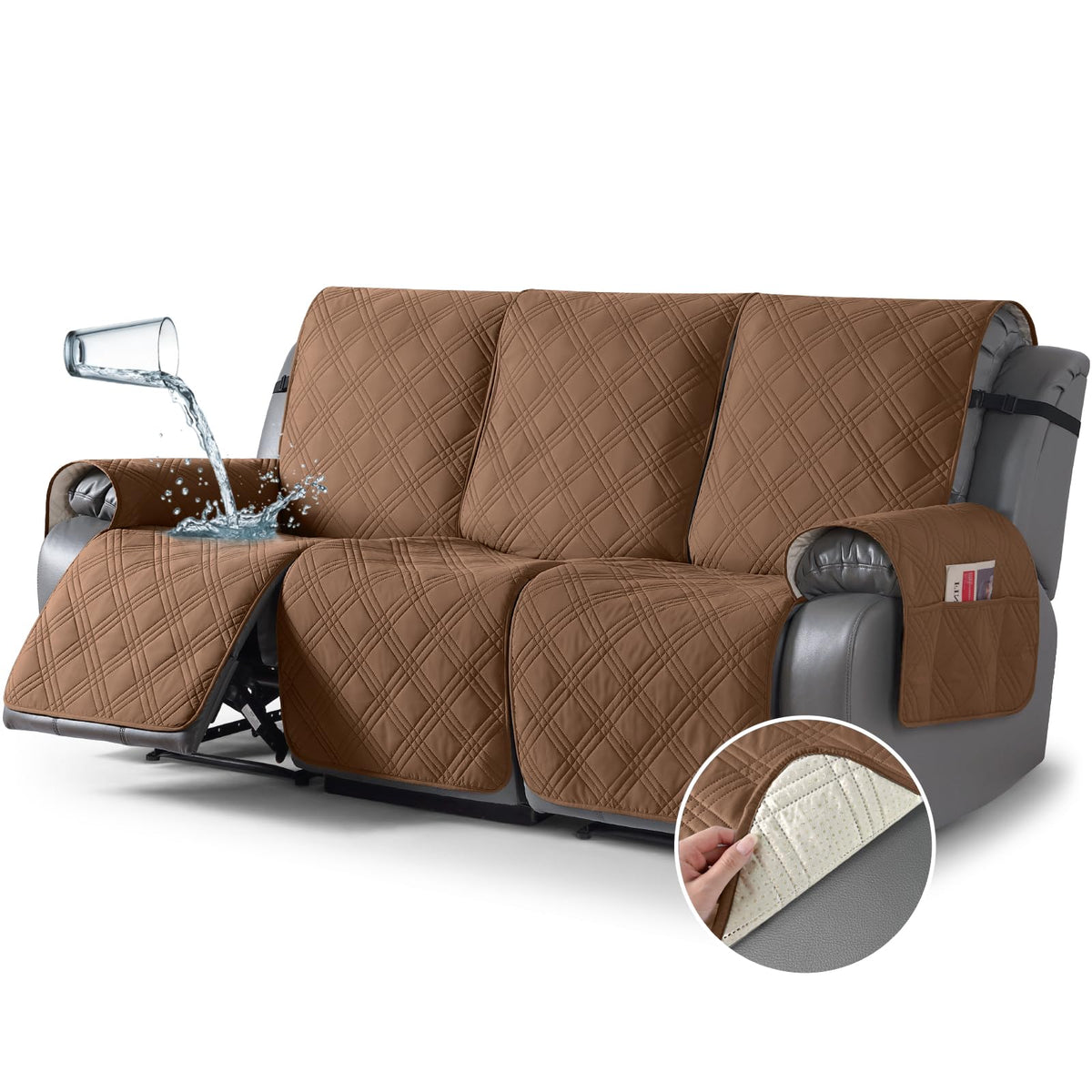 TAOCOCO 100% Waterproof Oversized Loveseat Recliner Cover, Non Slip Split Couch Covers for Reclining Loveseat with Elastic Straps for Kids Pets(Oversized 2 Seater, Chocolate)