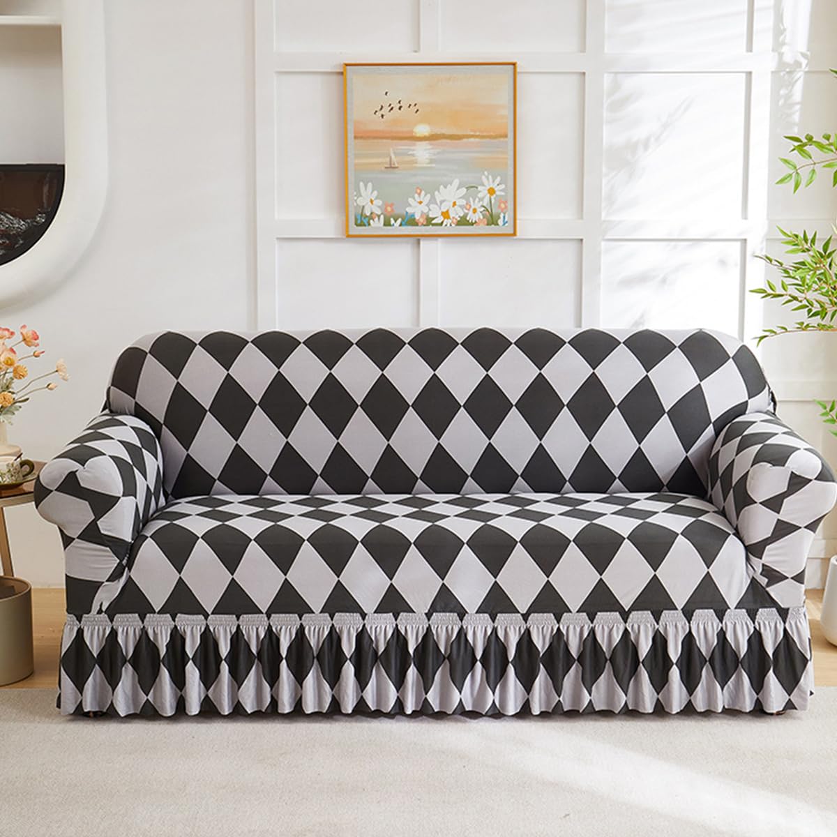 KAIJIE Super Stretch Sofa Slipcover–Non Slip Soft Couch Sofa Cover,Skirt Edge Design with Non Skid Foam and Elastic Bottoms for Crafted from Soft Polyester Printed Pattern（2-Person seat Couch Cover）