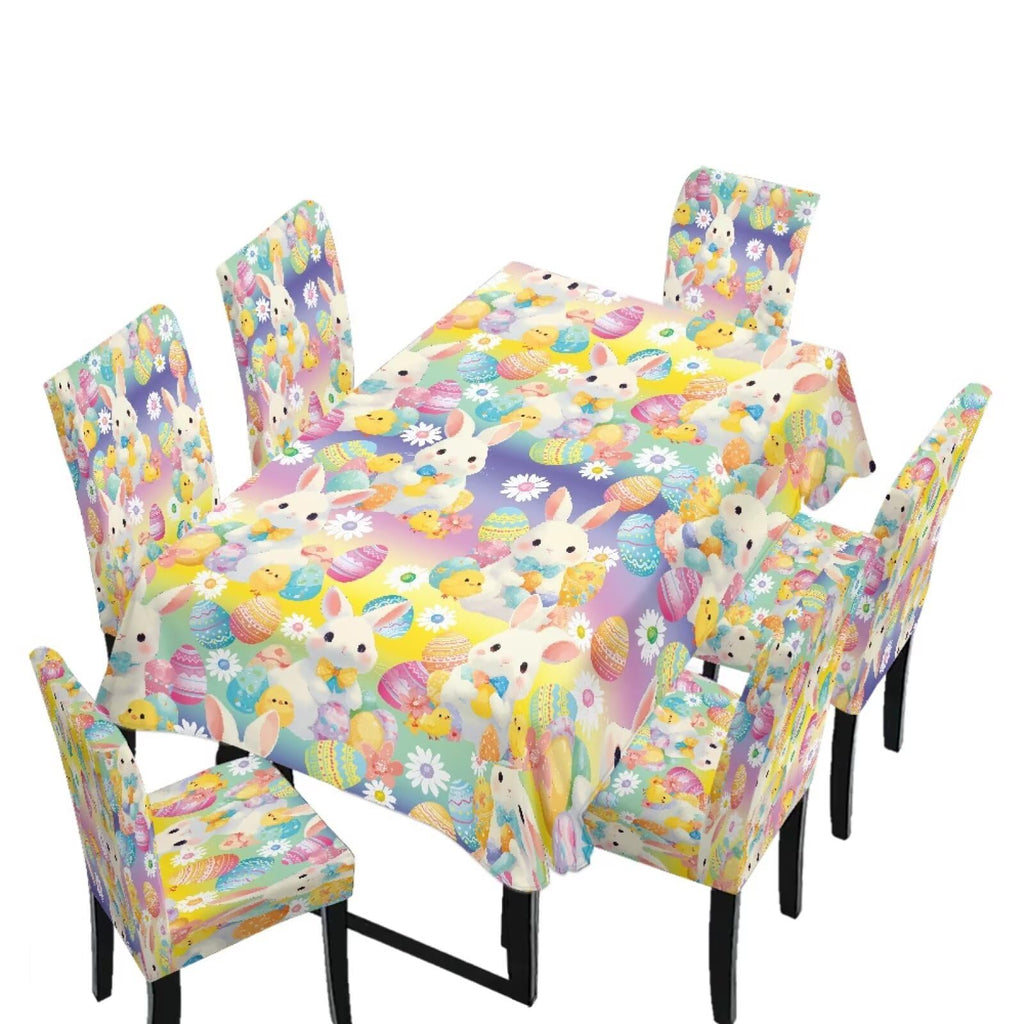 Table Cloth Rectangle Table Set of 5 Include Kitchen Chair Covers and Tablecloths for Dining Room Easter Decor, Anti-Scratch Chair Seat Protector Cover, Blue Cartoon Rabbit Carrot Dot
