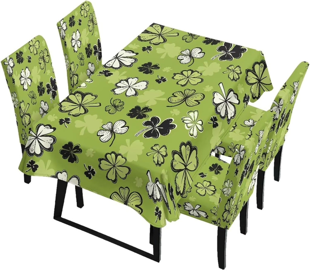 ZDCUSTOM St Patricks Day Table Cloth and Chair Cover Set of 4 Light Green Tablecloths Rectangular Clover Chair Covers for Dining Chairs Stain Resistant Decoration