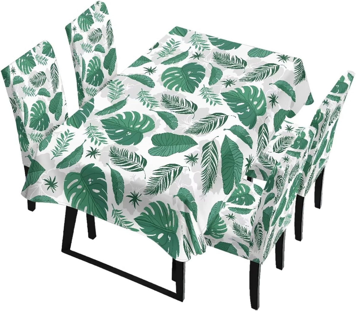 Palm Leaves Rectangular Table Cloth & Dining Chair Covers Set of 5, Stain Resistant Wipeable Chair Protectors for Farmhouse Rustic Home Kitchen Party Decor