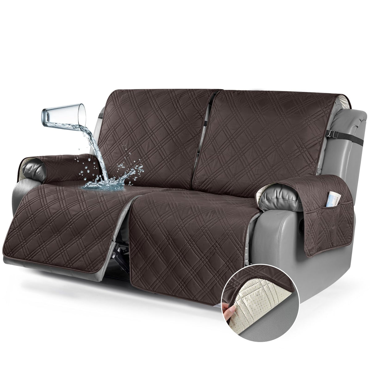 TAOCOCO 100% Waterproof Oversized Loveseat Recliner Cover, Non Slip Split Couch Covers for Reclining Loveseat with Elastic Straps for Kids Pets(Oversized 2 Seater, Chocolate)