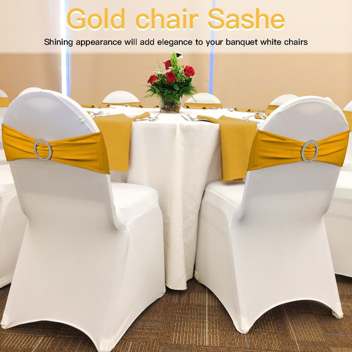 WJWHQ 100PCS Spandex Stretch Chair Sashes Bows Elastic Chair Cover Bands Ties with Buckle Slider for Wedding Party Reception Events Universal Ceremony Banquet Decorations (Gold)