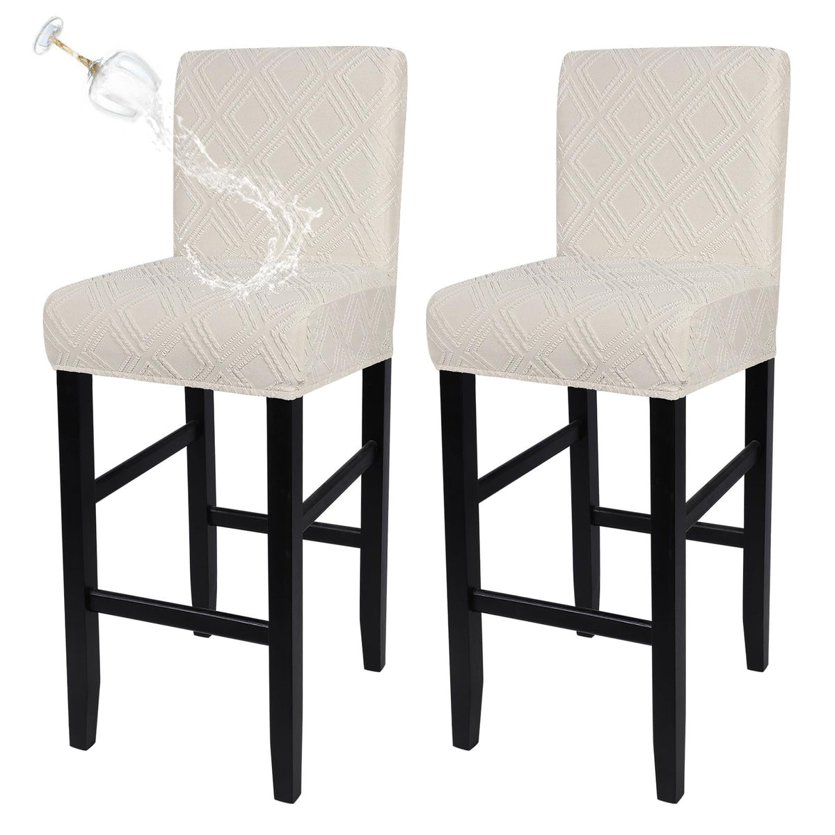SearchI Bar Stool Covers Set of 4, Stretch Washable Barstool Seat Covers, Counter Height Chair Covers for Kitchen Dining Room Cafe (Beige Linen-Look Print)