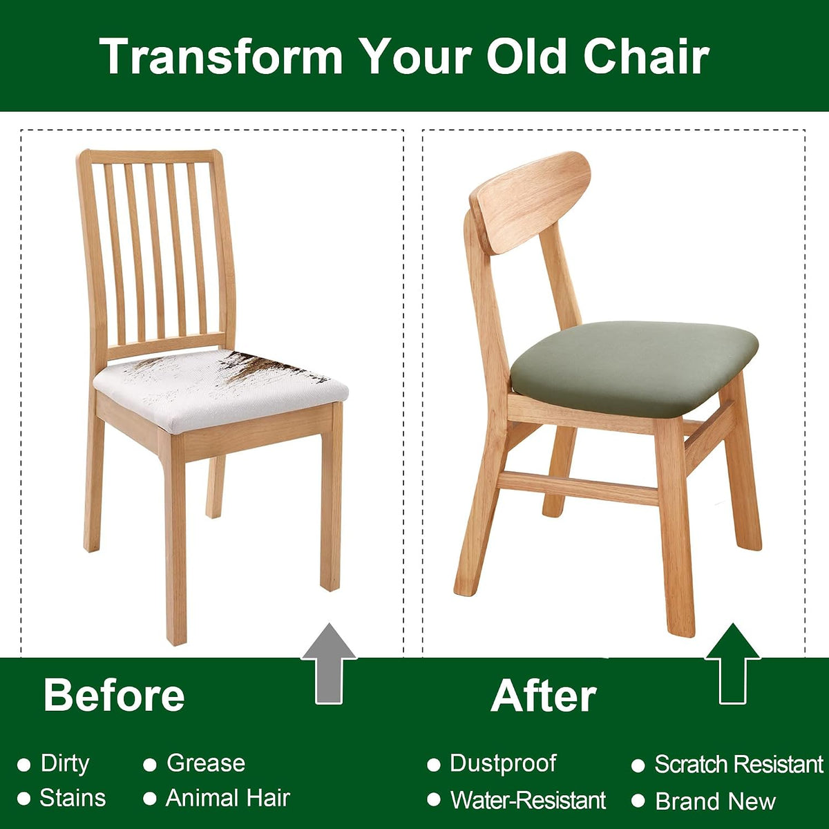 CRFATOP Waterproof Dining Chair Seat Cover Set of 6 Cushion Cover,L,Green