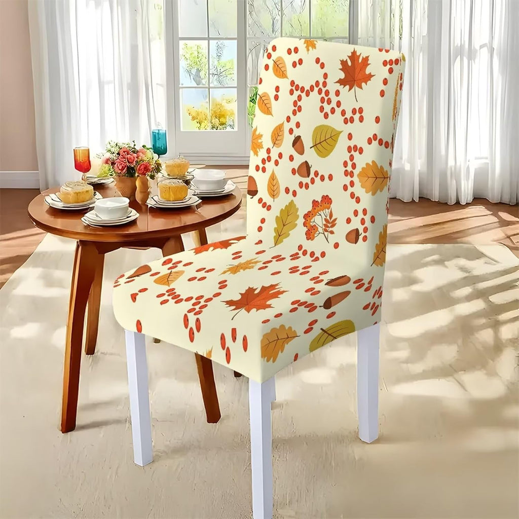 Thanksgiving Themed Dining Room Chair Cover and Tablecloths 5 Packs, Fall Leaf Print Kitchen Chair Seat Slipcovers Anti-Wrinkle Table Protector for Thanksgiving Day Party