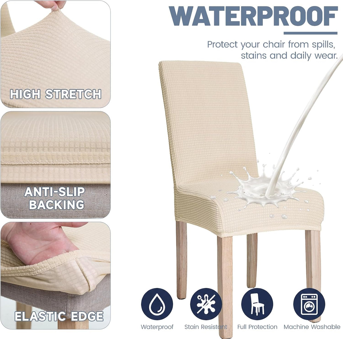 Waterproof Dining Chair Covers Set of 4, Beige Stretch Slipcovers