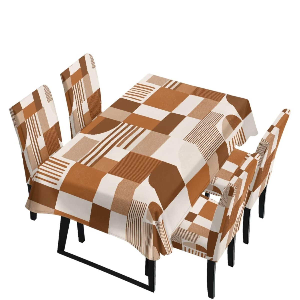 Dining Seat Slipcovers Set of 7 Includes Tablecloths, Removable Dining Room Chair Covers Stain Resistant Table Protector for Home Restaurant, Light Brown Beige Geometry Patchwork