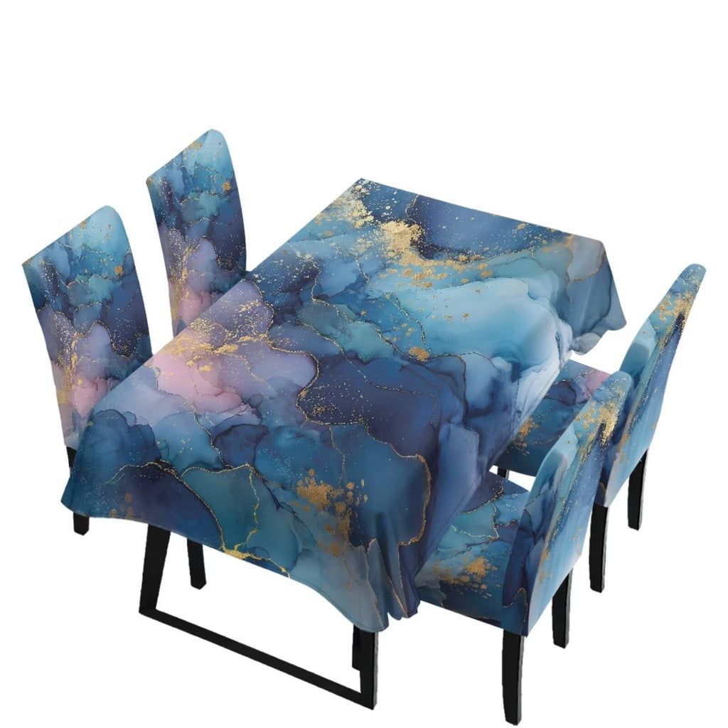 Table Cloth and Dining Chair Covers Set of 5, Kitchen Chair Slipcovers Rectangle Table Cover, Removable Anti-dust Tablecloths Stain Resistant Soft Hotel Decor, Blue Retro Floral