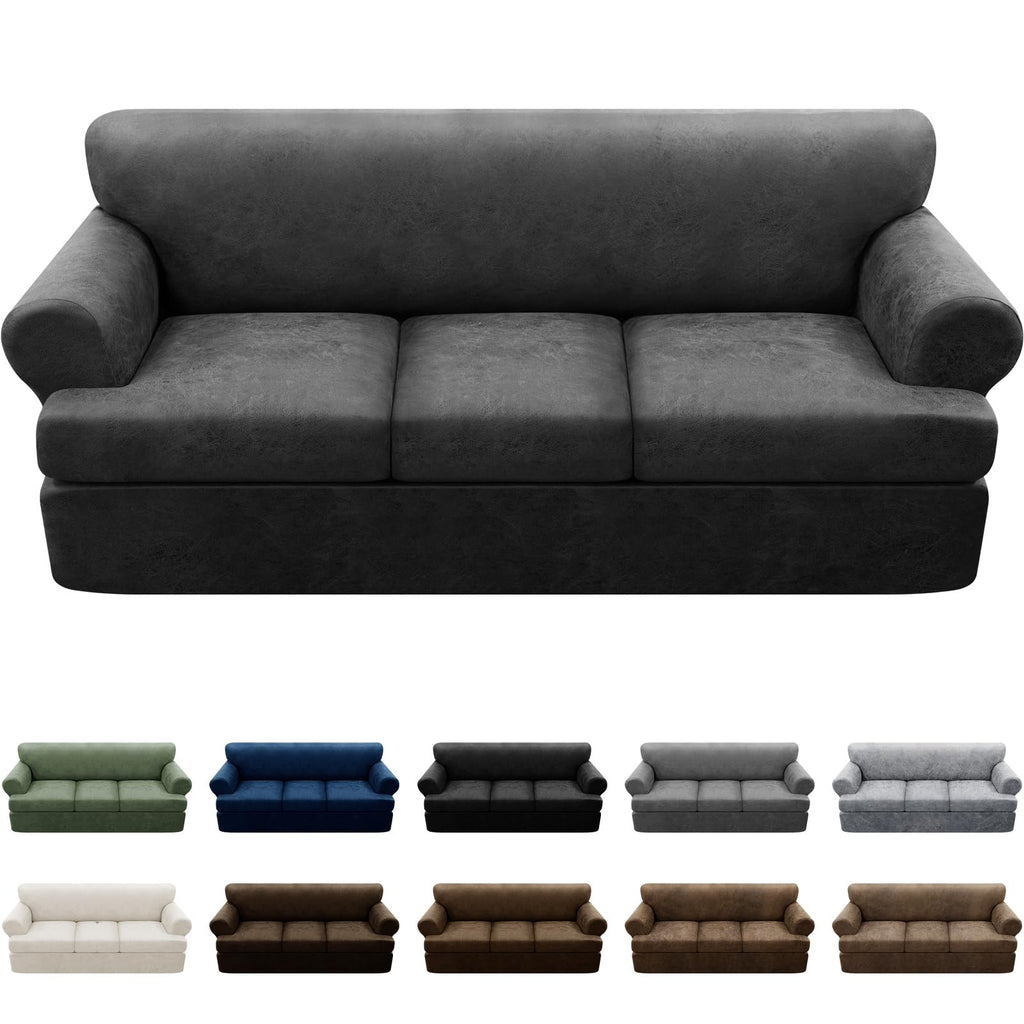 3-Pieces T Cushion Loveseat Slipcovers Leather Look Couch Cover Loveseat Covers for 2 Cushion Couch Furniture Protector Stretch Sofa Cover with 2 Individual T Cushion Seat Covers, Brown