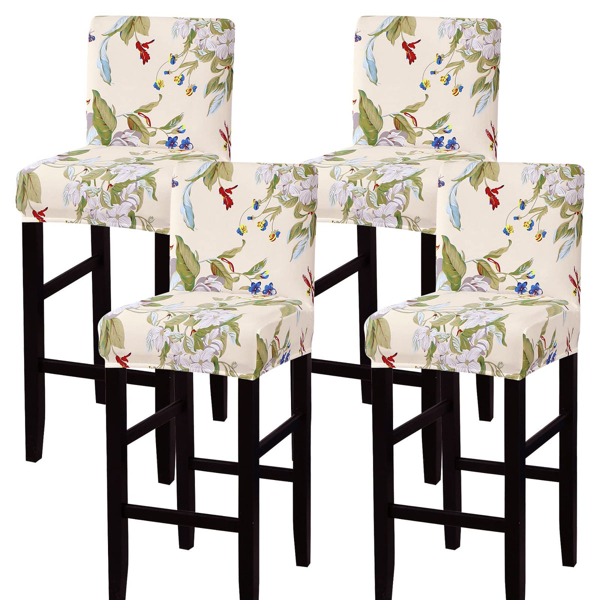 SearchI Bar Stool Covers Set of 4, Stretch Washable Barstool Seat Covers, Counter Height Chair Covers for Kitchen Dining Room Cafe (Beige Linen-Look Print)