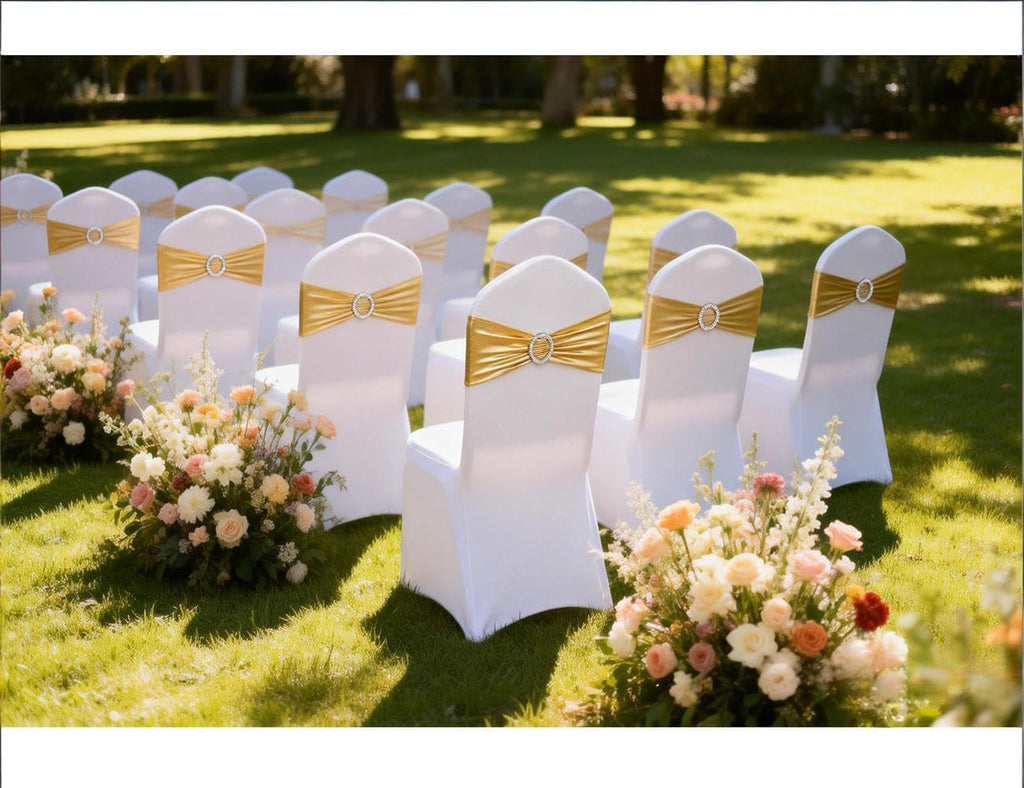 Gold Chair Sashes 100 Pack, Spandex Sashes for Chairs Wedding Reception, Stretch Chair Bands Bows for Party Banquet Theme Event Decor