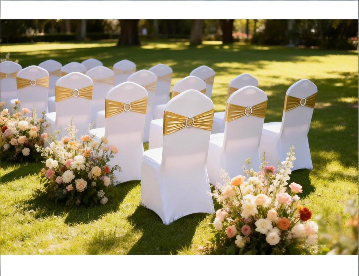 Gold Chair Sashes 100 Pack, Spandex Sashes for Chairs Wedding Reception, Stretch Chair Bands Bows for Party Banquet Theme Event Decor