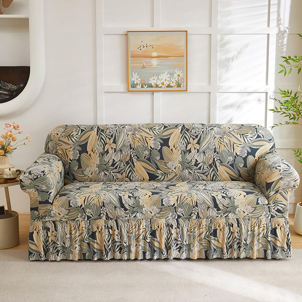 KAIJIE Super Stretch Sofa Slipcover–Non Slip Soft Couch Sofa Cover,Skirt Edge Design with Non Skid Foam and Elastic Bottoms for Crafted from Soft Polyester Printed Pattern（2-Person seat Couch Cover）
