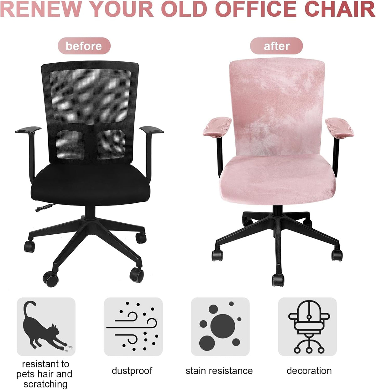 Tallew 4 Pcs Office Chair Covers Set with Armrest, Stretchable,Light Pink