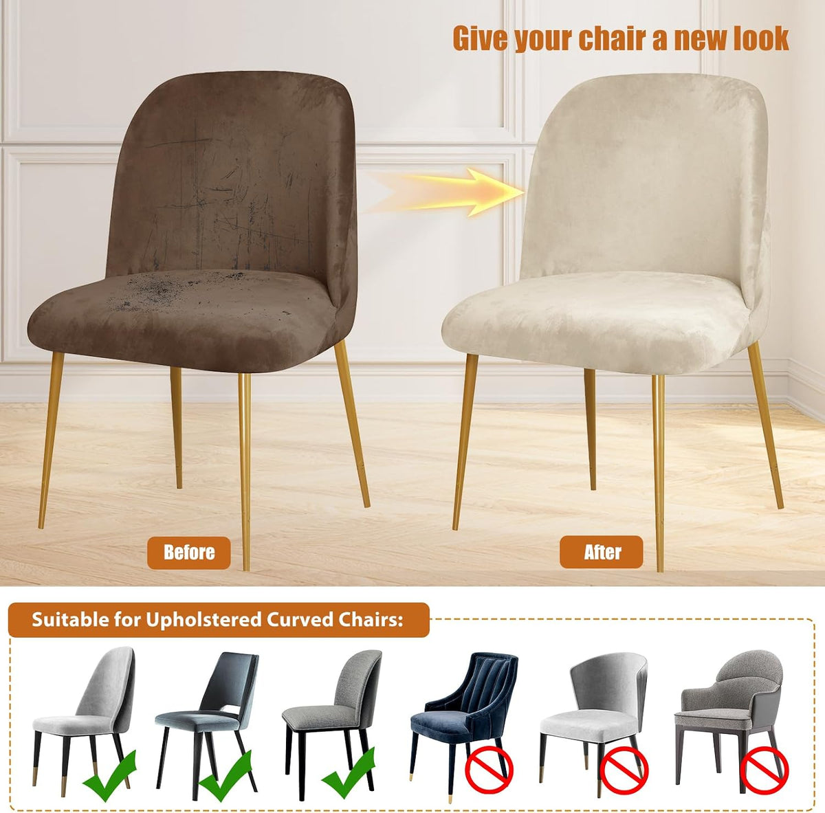 Gollense Curved Back Chair Covers for Dining Room, Mid Century Modern Chair Slipcovers, Semi Circle Back Chair Seat Protector for Kitchen Living Room (4, Beige)