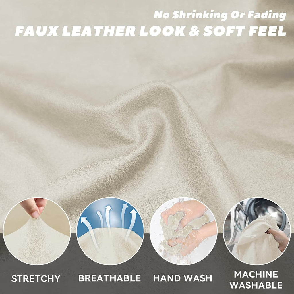 Loveseat Slipcover with Armrest Pockets 3-Piece Set, Stretch Faux Leather Love Seat Covers for 2-Cushion Couches(Fits 58-66") - Non-Slip, Machine Washable, Pet & Kid Friendly - Beige