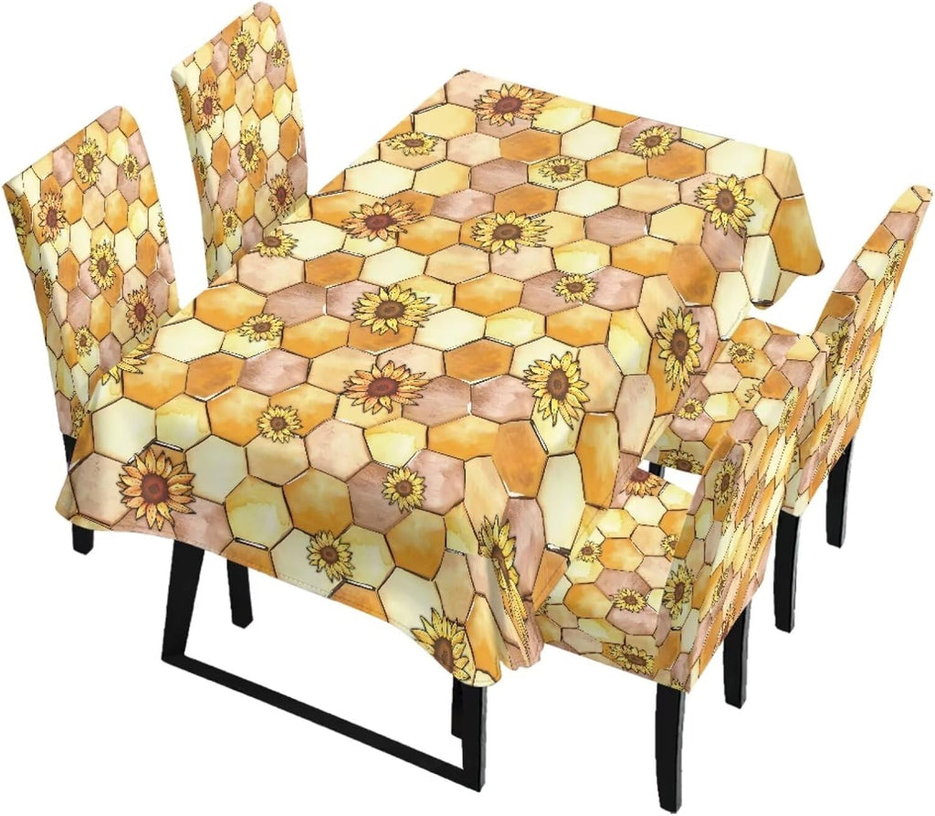 Dining Table Chair Covers 5 Pack, Removable Parsons Chair Slipcovers Dust Proof Tablecloths Scratch Resistant Seat Protector for Dining Room, Sunflower Honeycomb Bee Print Yellow