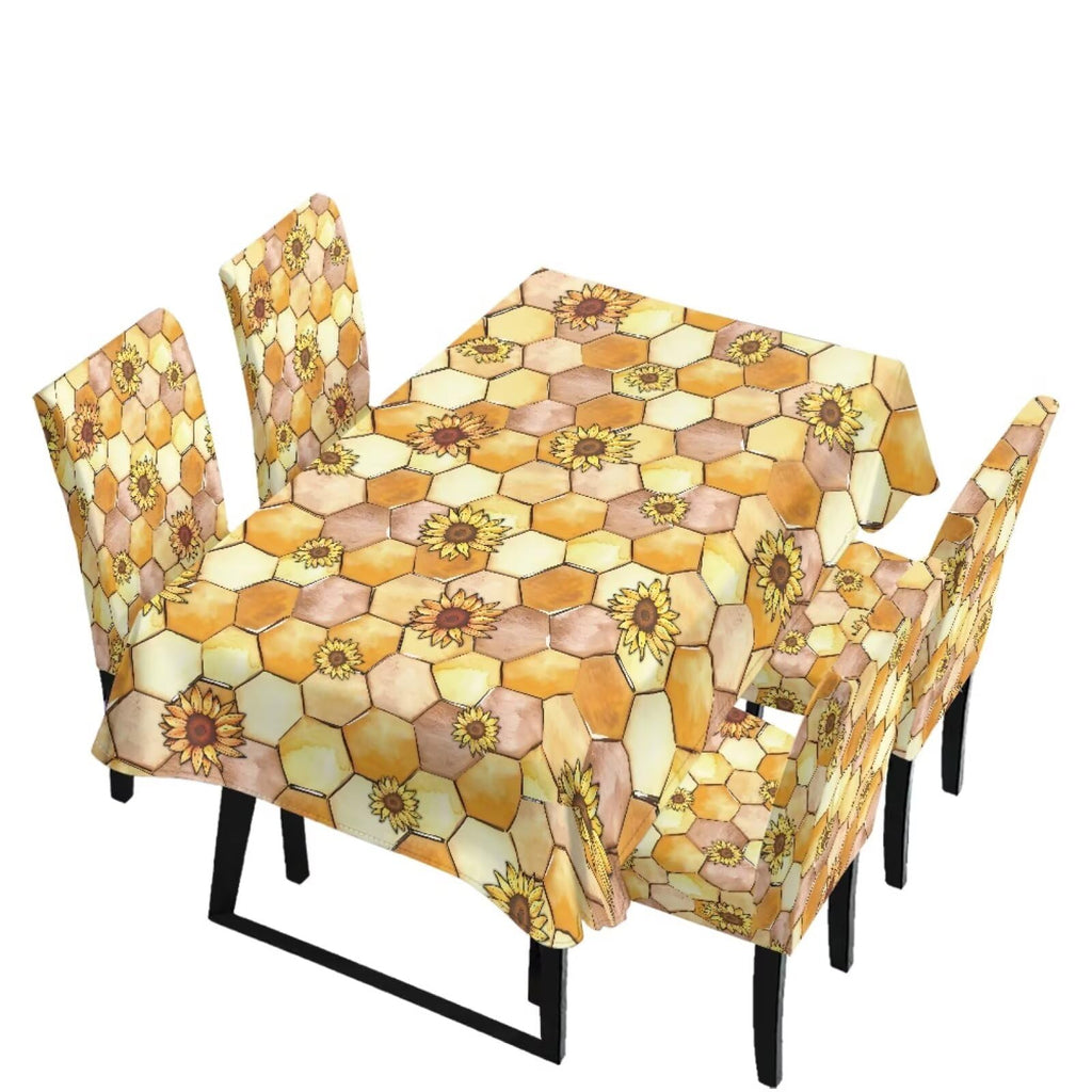 Dining Table Chair Covers 5 Pack, Removable Parsons Chair Slipcovers Dust Proof Tablecloths Scratch Resistant Seat Protector for Dining Room, Sunflower Honeycomb Bee Print Yellow