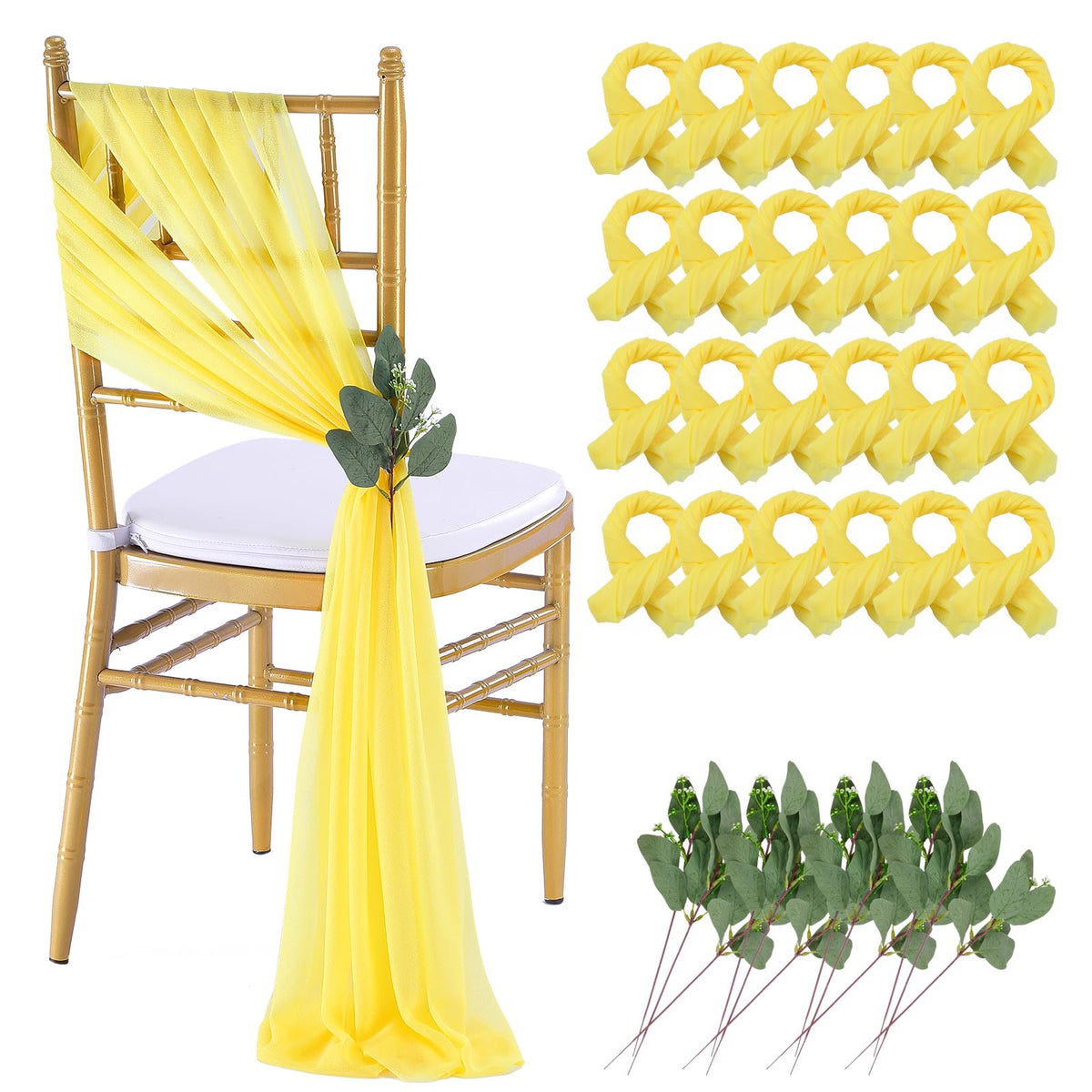 QueenDream White Chair Sashes Wedding Aisle Decorations: 24 Packs 8ft Long Draping Fabric Sheer Church Chair Cover Bulk for Party Banquet