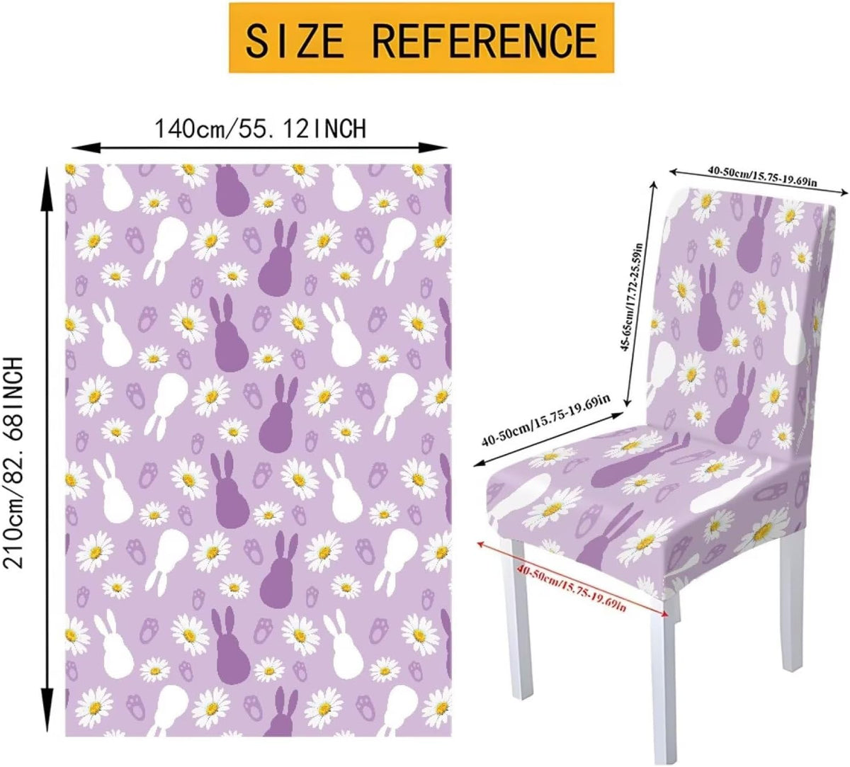 ZDCUSTOM Easter Table and Chair Covers for Parties Purple Bunny Dining Chairs Cover Daisy Tablecloths Rectangular for Easter Party